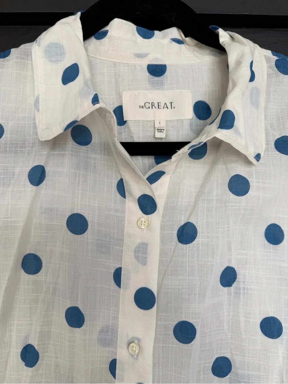 THE GREAT. The Messenger Top & Highland Skirt Polka Dot Set Cream/Blue, Size 1/S